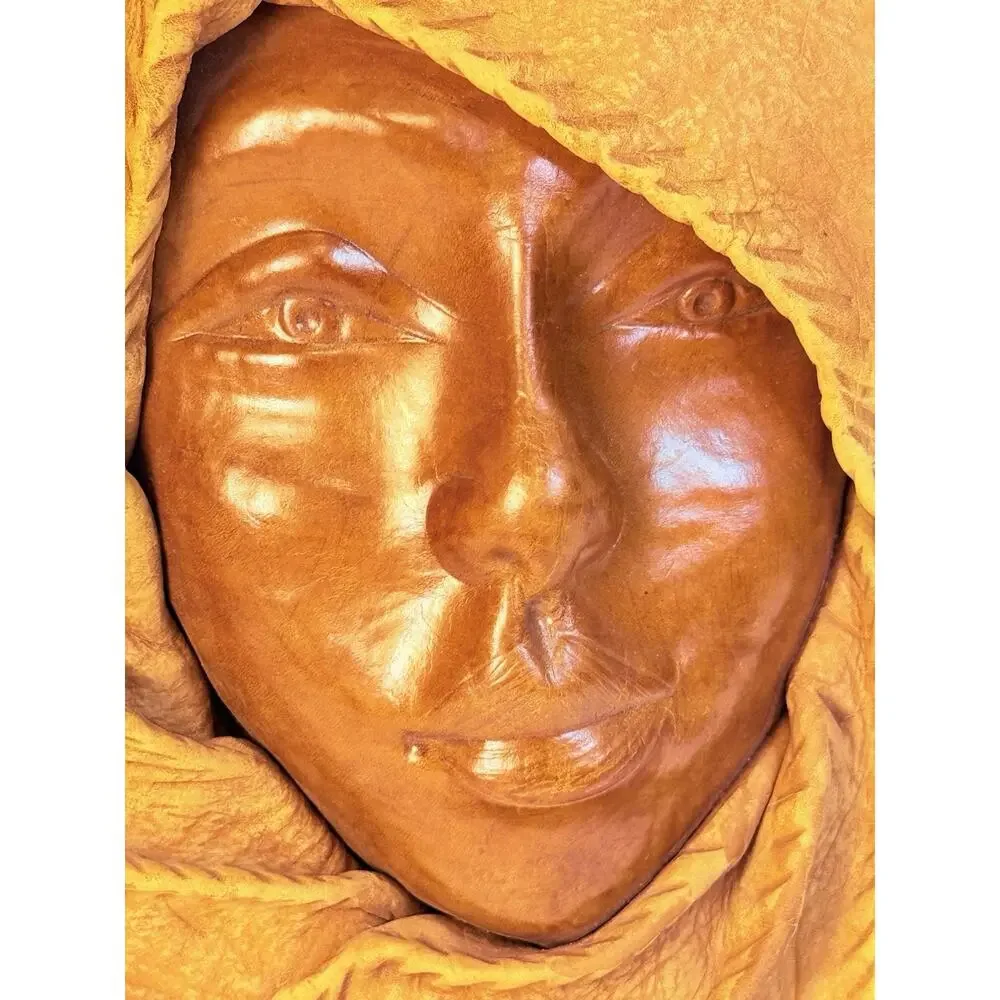 Leather Sculped Hand Tooled Molded Face Mask Wall Decor Folk Art 16x12